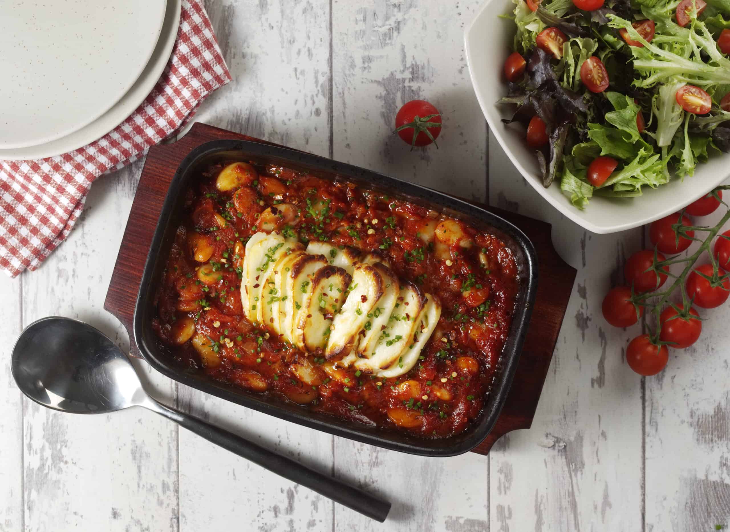 Baked Halloumi with Tomato and Butterbeans