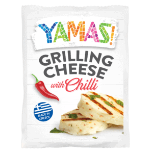 YAMAS Grilling cheese with chilli packaging, with an image of grilled cheese and a Greek flag icon