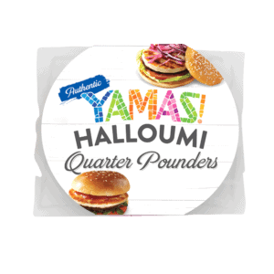 YAMAS Halloumi Quarter Pounders packing, with an image of burgers