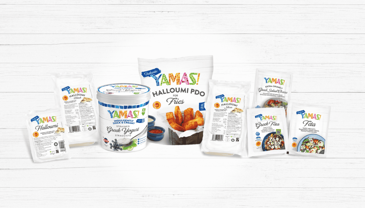 YAMAS! Trade products composite image with Halloumi , Greek Yoghurt, Halloumi Fries, Halloumi slices, Extra crumblu Greek Salad Cheese and Greek Feta in different sizes.